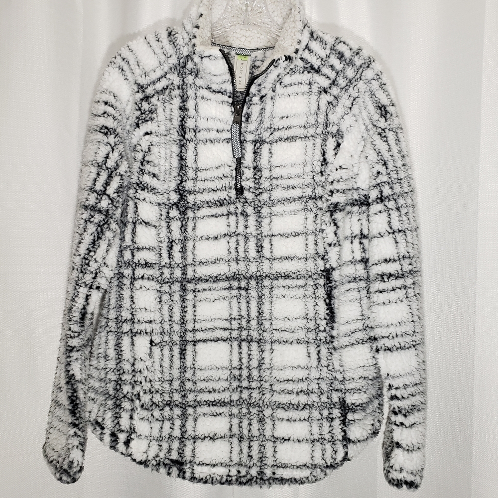 Medium Halcyon White Black Plaid Sherpa Quarter Zip Pullover Sweater